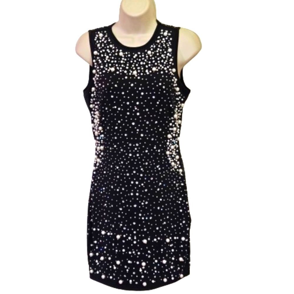 BANJUL Black Pearl & Rhinestone Embellished Sleeveless Bodycon Dress, Large, NWT